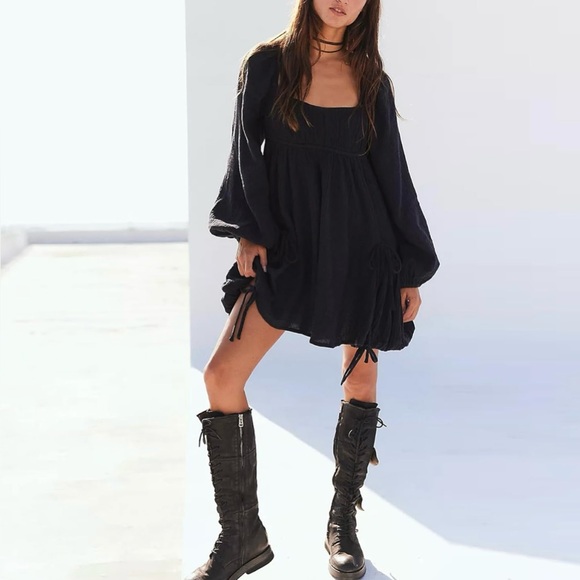 Mini Dress Casual Square Neck Long Sleeves Loose Sundress with Pockets XL - Picture 3 of 7